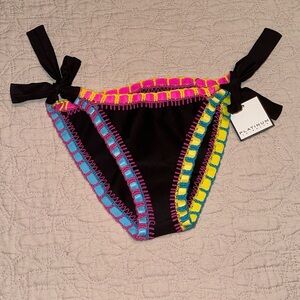PQ PILYQ PLATINUM SWIMWEAR BLACK CROCHET TRIM TIE FULL BIKINI BOTTOM NWT